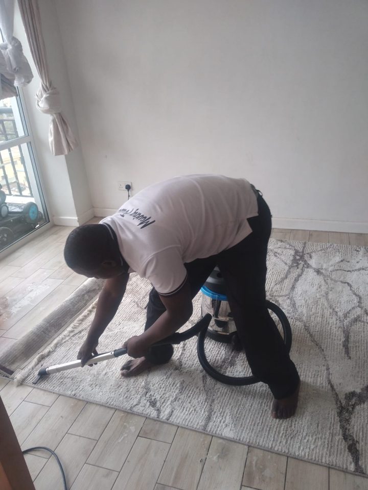 Horizon crew member deep-cleaning a rug in an apartment